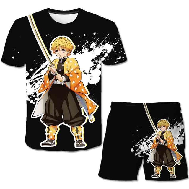 Conjuntos de ropa de Demon Slayer de verano para niños y niñas, camisetas informales estampadas + Pantalones cortos, ropa nueva para niños, 2 piezas/trajes de ocio 3T Gao Jinjia LED