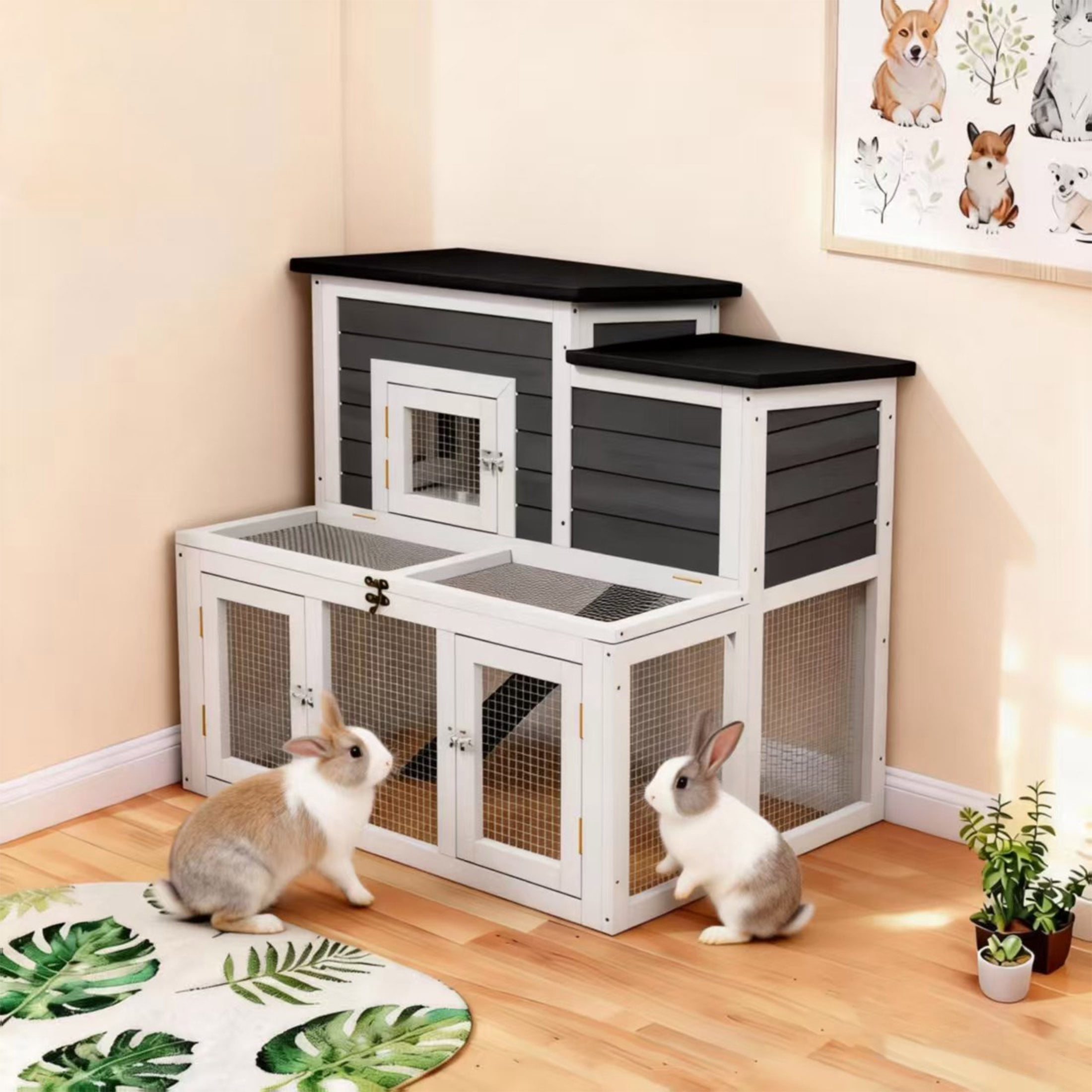 Outdoor 2-Tier 2-Room Quail Hutch with Brooder Box & Activity Area, Openable Asphalt Roof, Black with White