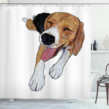 Ambesonne Beagle Shower Curtain, Smiling Resting Dog Sketch, 69"Wx75"L, Pale Caramel Grey Pink
