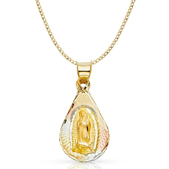 14K Tri Color Gold Diamond Cut Our Lady of Guadalupe Stamp Charm Pendant with 2.4mm Hollow Cuban Chain Necklace
