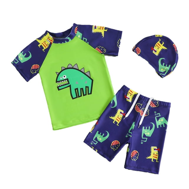 MIASHUI Boys 3 Piece Swimwear Cartoon Print Bathing Suits Tops and Trunks Set with Hat,Green,5-6 Years