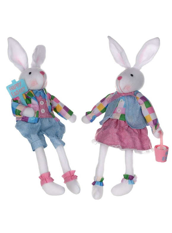 Melrose Set of 2 "Happy Easter" Bunny Sitter Plush Figures 18"