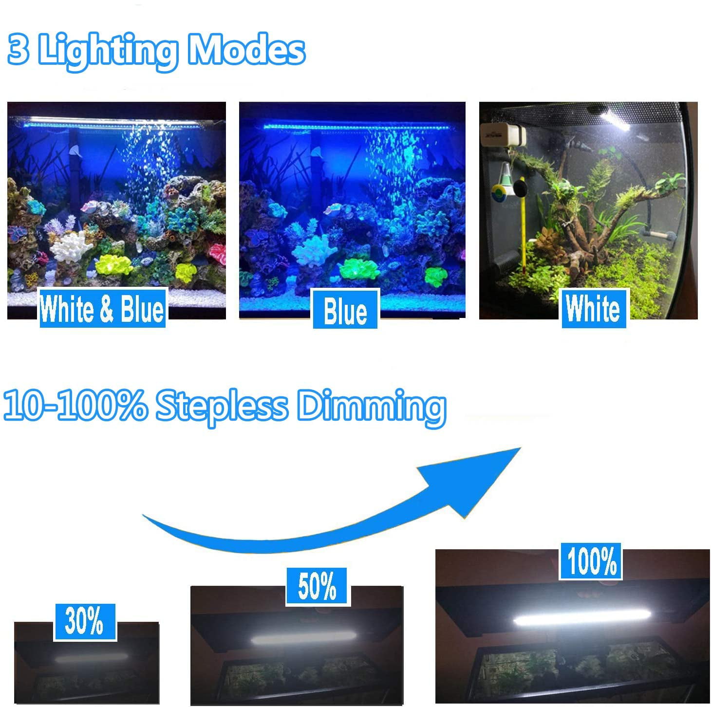Fish Tank Light with Timer Auto On/Off and Dimming Function,3 Light Modes Dimmable White&Blue&White-Blue,10 Brightness Levels Optional &3 Levels of timed Loop Function Submersible LED Aquarium Light 