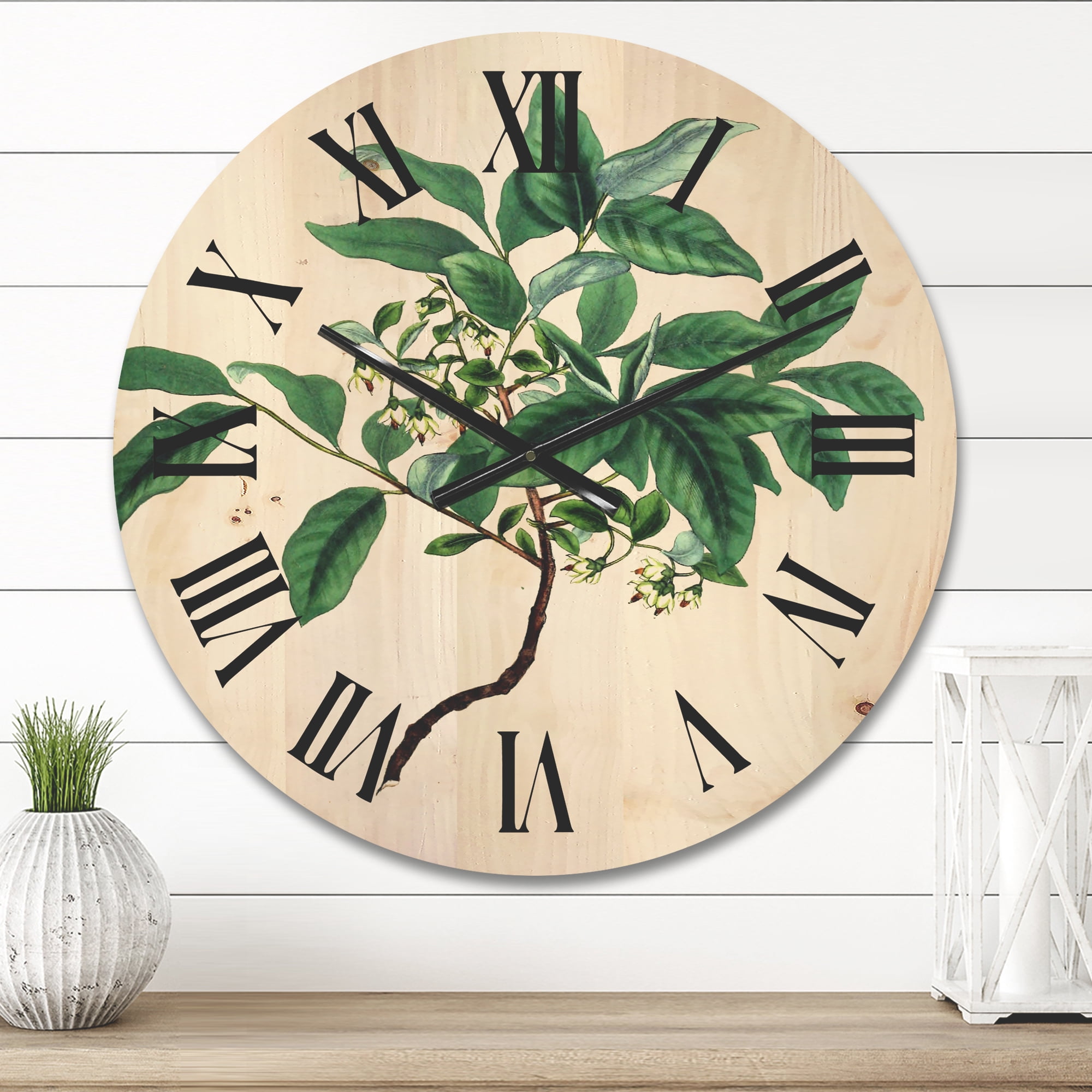 Designart 'Ancient Green Leaves Plants IV' Traditional Wood Wall Clock