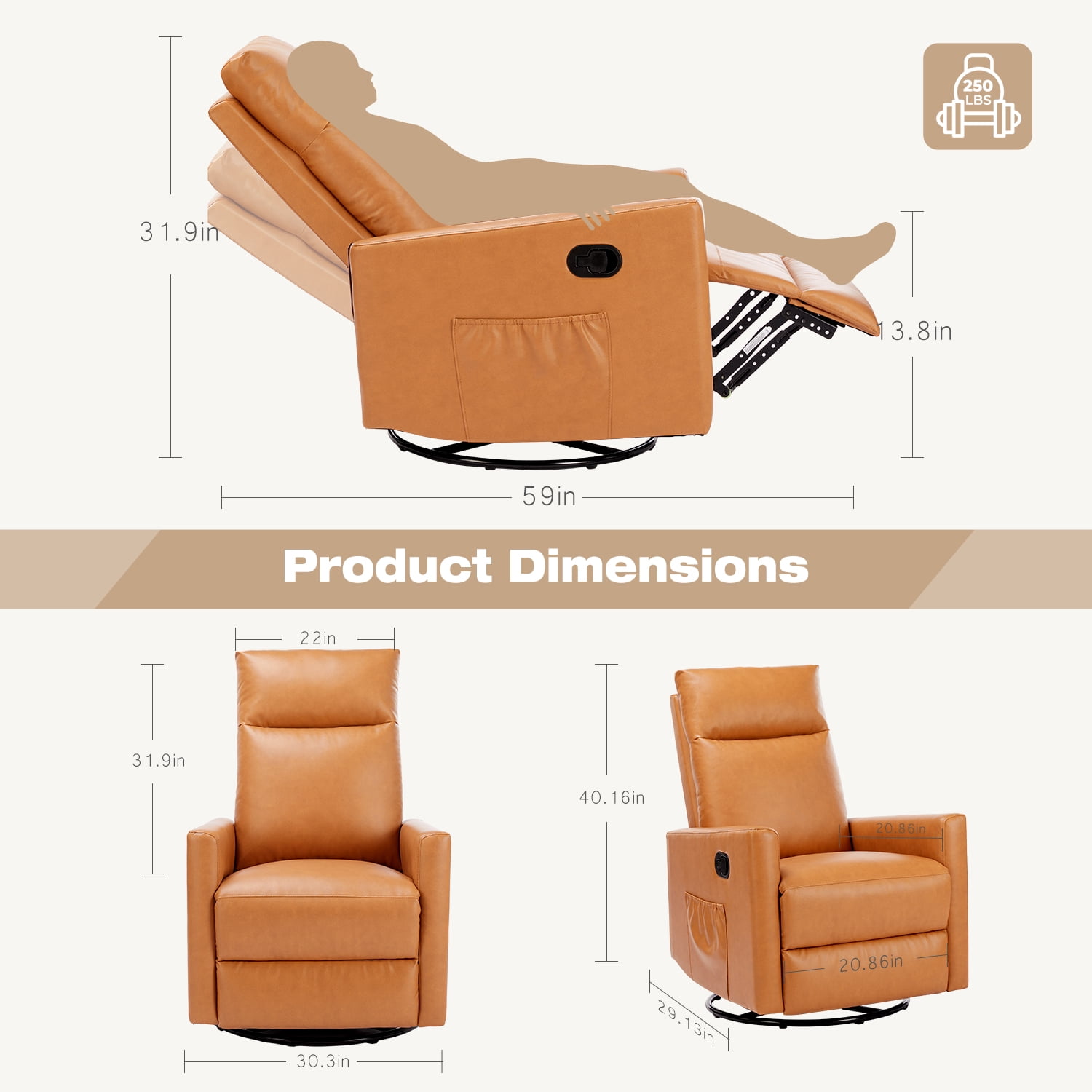 GIANNA Recliner Chair, Modern Design with Adjustable Backrest, Comfortable Padded Seat,Perfect for Living Room, Bedroom, or Home Theater, Brown