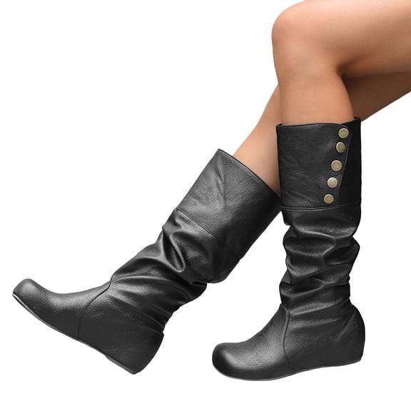 Pandaie Knee High Boots for Women Hidden Wedge Heel Slouchy Flat Booties Wide Calf Fold Over Leather Fall Winter Shoes Black 5.5