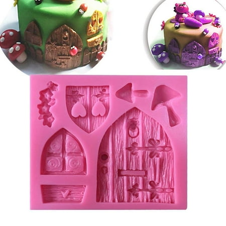 Mold Off Wood 3d Fairy wizard wood door window gnome mushroom silicone mould cake Fondant impression gum paste mold for Sugar paste party forest cupcake decorating topper decoration sugarcraft sugar biscuit ()