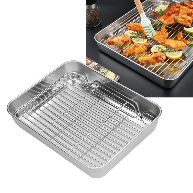 Roasting Pan and Rack Set Stainless Steel Easy Clean Rectangular Roaster with Rack for Cooking Baking, Size: 9.3 x 6.9 x 2.0