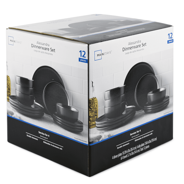 Mainstays 12-Piece Stoneware Dinnerware Set Matte Black Microwave