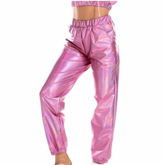 LOVZFMLL Women's Loose Pockets, Elastic Waist, Shiny Party Style Leather Pants Pink S