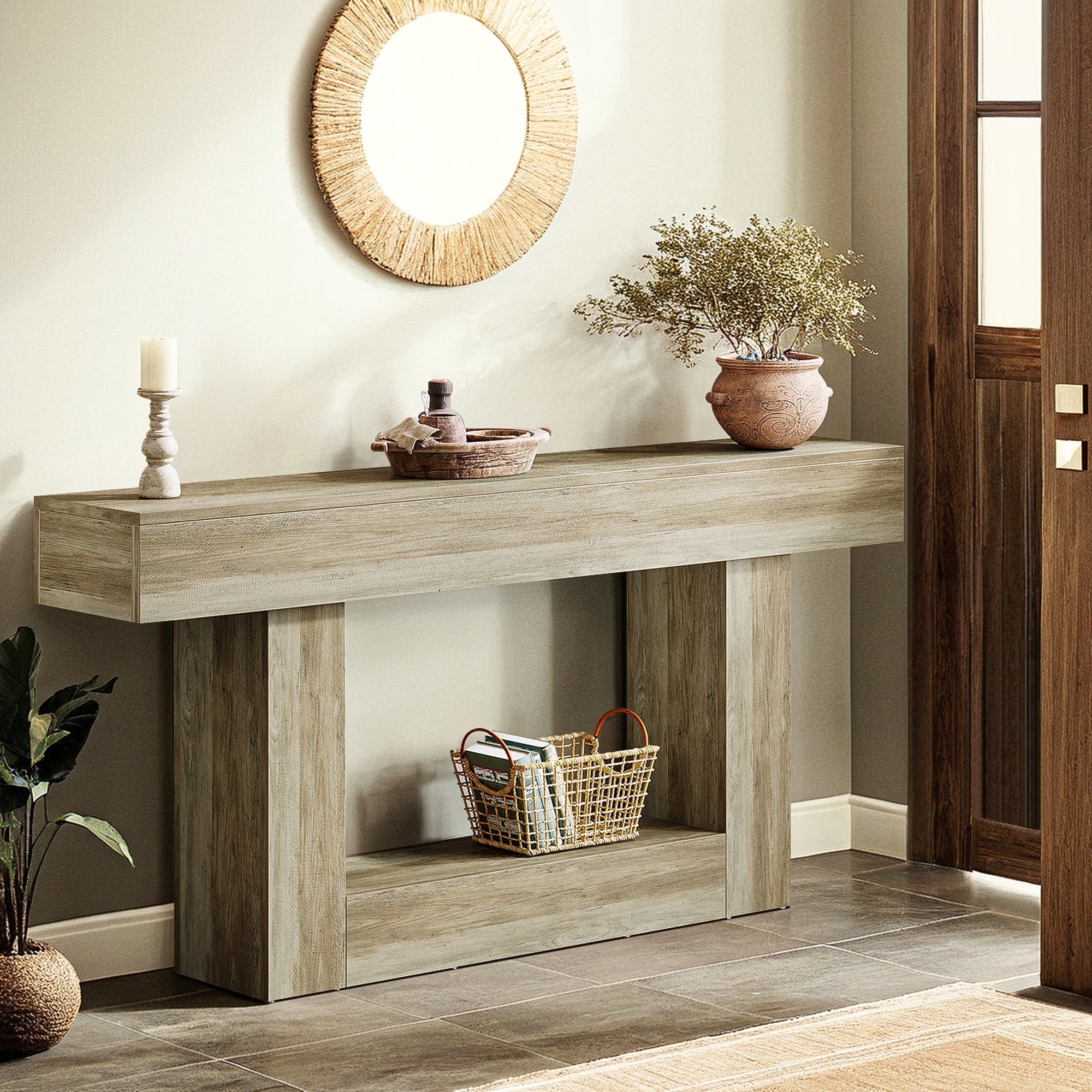 Demi Bonn 63" Wood Console Table, Farmhouse 2-Tier Sofa Table Entryway Table, Foyer Display Table, Gray