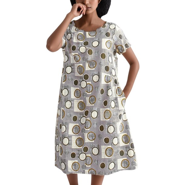 Gibobby Vestido largo casual de verano para mujer Vestido largo medio de manga corta con cuello redondo y estampado de lunares sueltos para mujer(Caqui,M)