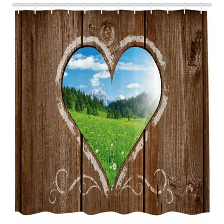 Outhouse Shower Curtain, Heart Window View from Wooden Rustic Farm Barn Shed with Chalk Art Image, Fabric Bathroom Set with Hooks, Brown Blue and Green, by