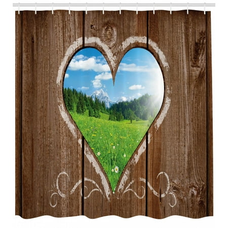 Outhouse Shower Curtain, Heart Window View from Wooden Rustic Farm Barn Shed with Chalk Art Image, Fabric Bathroom Set with Hooks, Brown Blue and Green, by (Best Bathroom Caulk Products)