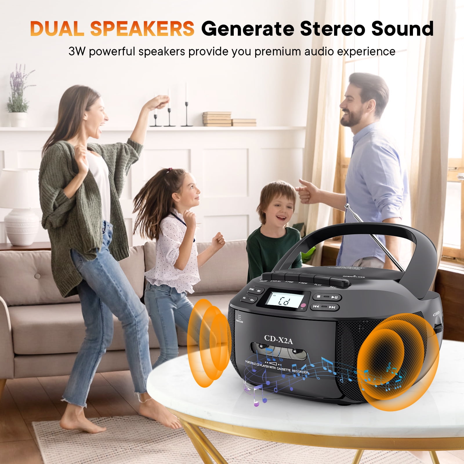 Boombox CD Cassette Player Combo, Boom Box and AM FM Radio with Bluetooth for Home & Outdoor, Stereo Sound with Remote Control, AC/Battery Operated, LCD Display, Support AUX USB Earphone
