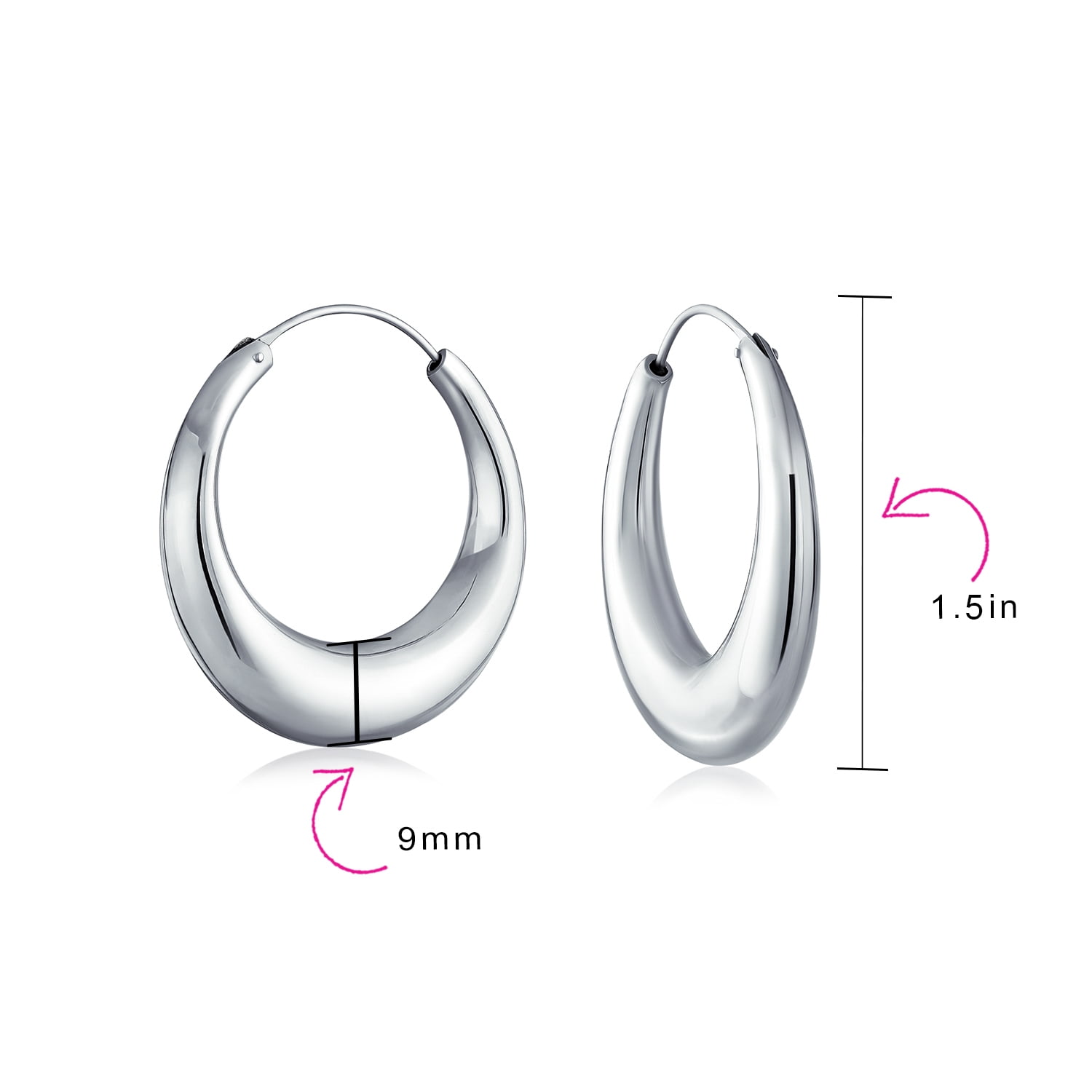 Geometric Half Moon Shaped Tapered Oval Hoop Earrings for Women for Teen 925 Sterling Silver .75 1 1.25 1.50 Inch