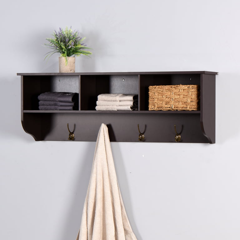 Wall Mounted Coat Rack with Shelf, Wood Entryway Coat Rack with 4 Dual Hooks, Espresso, Size: 38.58 x 7.87 x 13.78, Brown