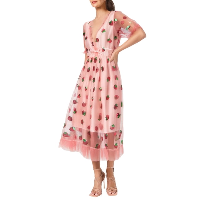 Robes Décontractées pour Femmes en Maille à Paillettes Fraise, Tunique à Col Rond, Robes d'Été de Fête pour Femmes, Plage avec Manches, Robe