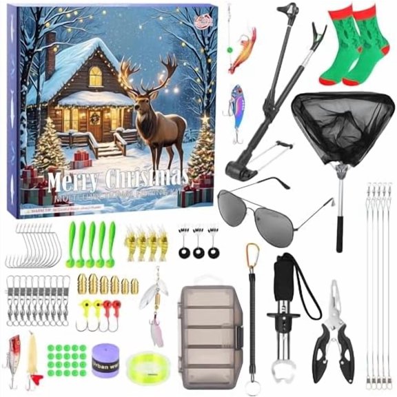 Fishing Advent Calendar 2025 for Adult Men & Teen Boys - All-in-One Tackle Box Kit with 100m Line, Lure Pliers, Net | 24-Day Xmas Gift for Dad, Husband, Fisherman$$