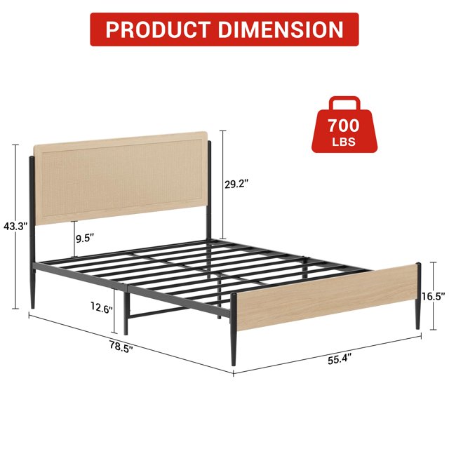 EDTara Bed Frame with Natural Rattan Headboard & Solid Wood Footboard - Under Bed Storage Space, Quiet Noise-Free Design, No Box Spring Needed