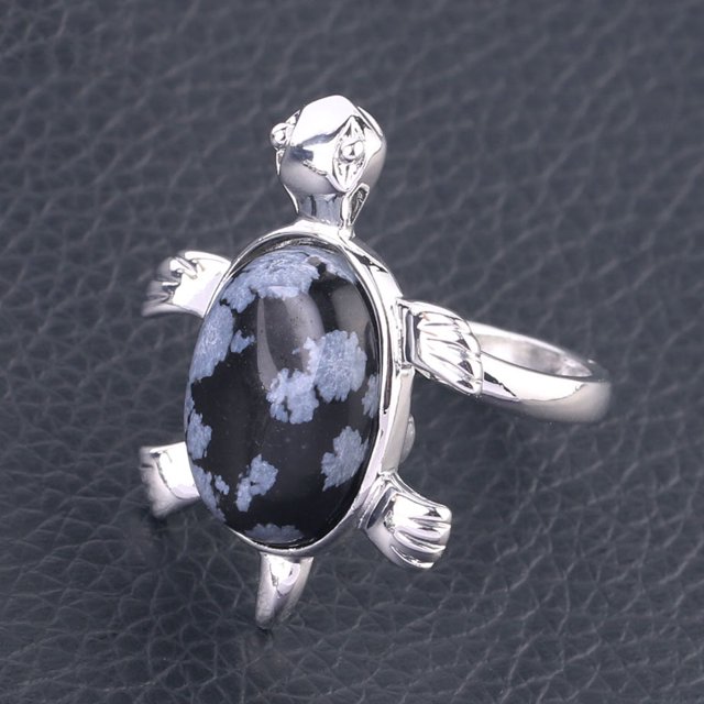 Women Rings Natural Gems Crystal Turtle Tortoise Lapis Lazuli Obsidian Jewelry