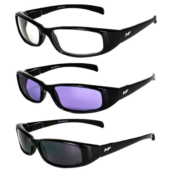 3 Pairs of MF Eyewear Bad Attitude Motorcycle Glasses Shatterproof Polycarbonate Black Frame UV400 Filter, Scratch-Resistant Motorcycle Riding Glasses Clear, Purple & Super Dark Lenses