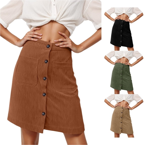 Rggeeun Midi Skirts for Women Stretch Ribbed Skirt Button Down with Pocket Elastic Waist Everyday Use,Brown,2XL