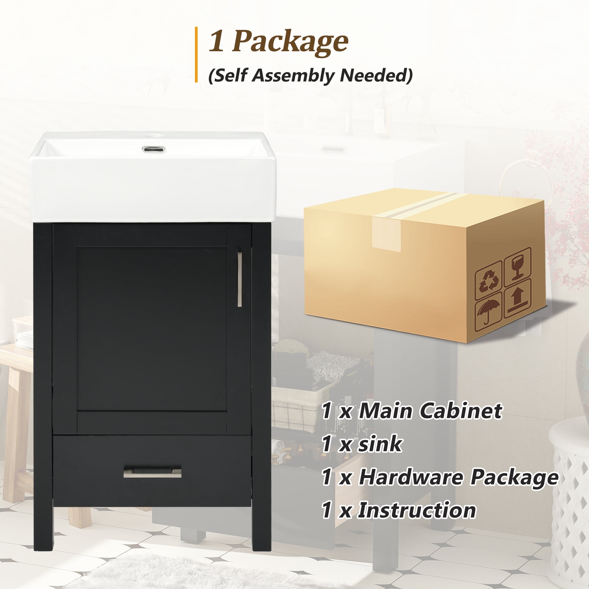 MODERNLUXE 20" Bathroom Vanity with Ceramic Sink, Undermount Vanity Sink Cabinet with Soft-Close Door & 1 Drawer, Freestanding Bathroom Storage Cabinet for Small Space,Black