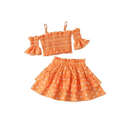 

Baby Girls 2Pcs Summer Clothes Cold-shoulder Casual Vacation Smocked Y2K Dot Print Crop Tops + Tiered Skirt