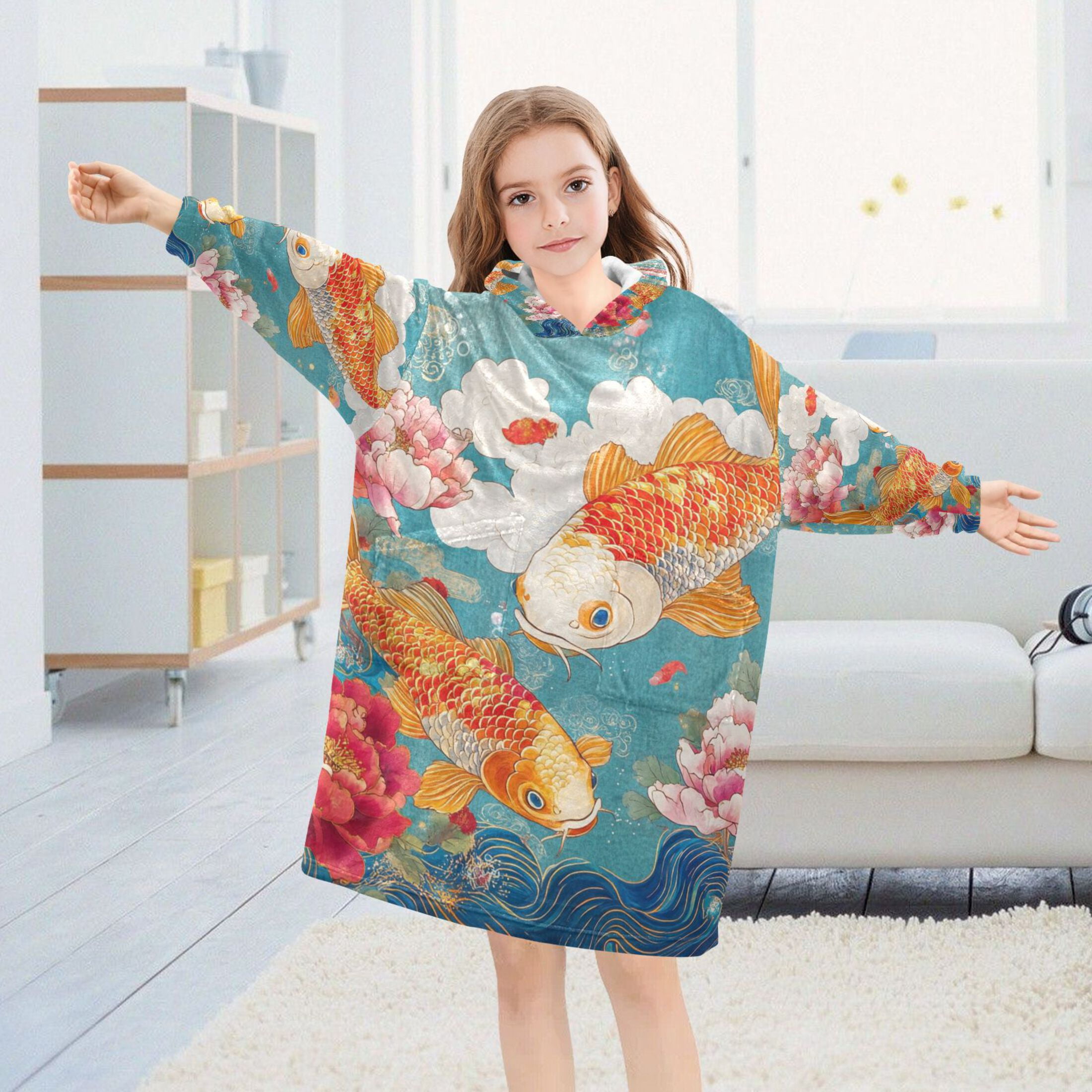 YAZAOO Kids Wearable Blanket Hoodie Warm and Cozy Koi Dance Flannel Sweatshirt