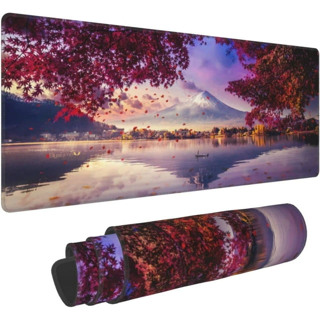 Japanese Cherry Blossom Ink Painting Fuji Mountain Scenery Game Mouse pad XL, Non Slip Rubber Base Mouse pad, Sewn Edge Table pad, Extended Large Mouse pad, 31.5 x 11.8 inches
