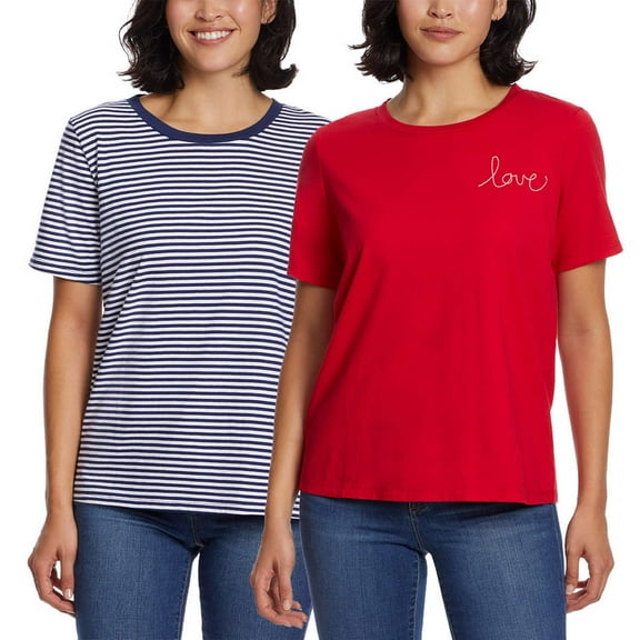 Ella Moss Women's Perfect Tee 2-pack (Mood Indigo/White Stripe & Red Tee, X-Small)