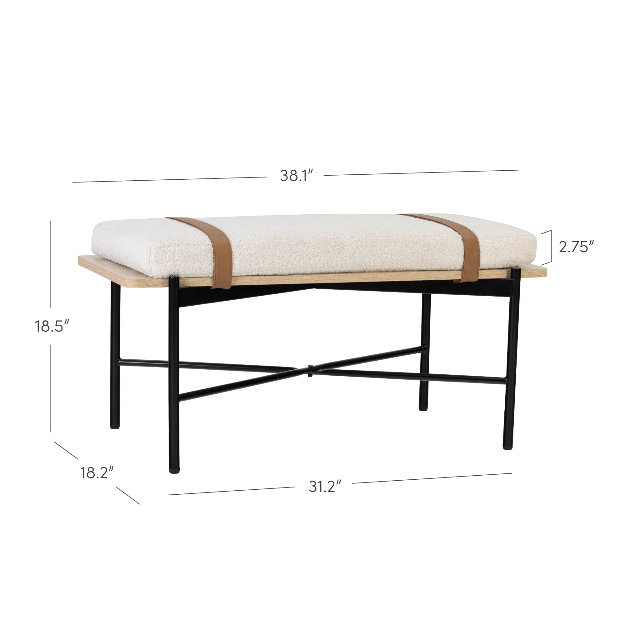 Nathan James Thatcher Upholstered Entryway Bench with Removable Boucle Cushion, Vegan Leather Straps, and Matte Black Metal Legs