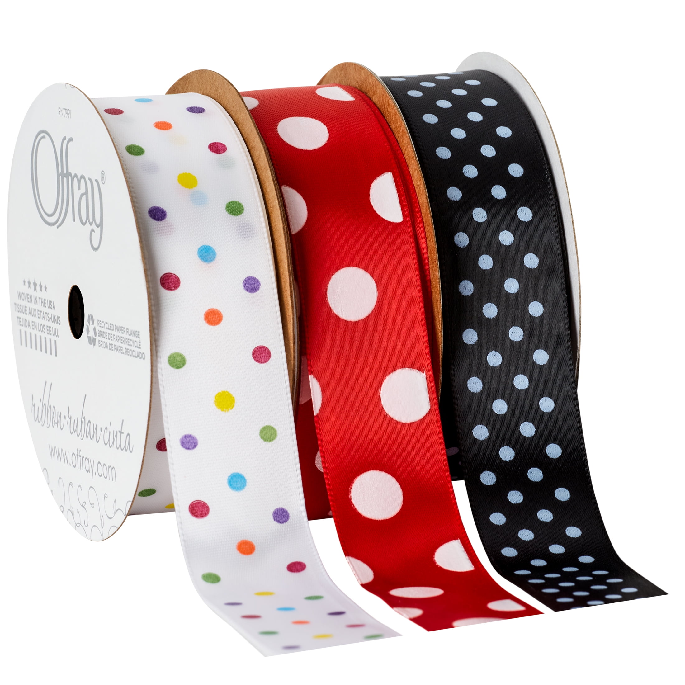 (3 pack) Offray Ribbon, Red with Polka Dot 7/8 inch Single Face Satin Polyester Ribbon, 9 feet