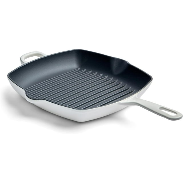 Chuck Hughes Poêle-Gril Carrée en Fonte 26 cm – Poêle de Gril Intérieure Robuste pour Viande, Poisson et Légumes, Surface Antiadhésive Assaisonnée, Répartition Uniforme de la Chaleur, Va au Four et sur la Cuisinière (Blanc Oie des Neiges)