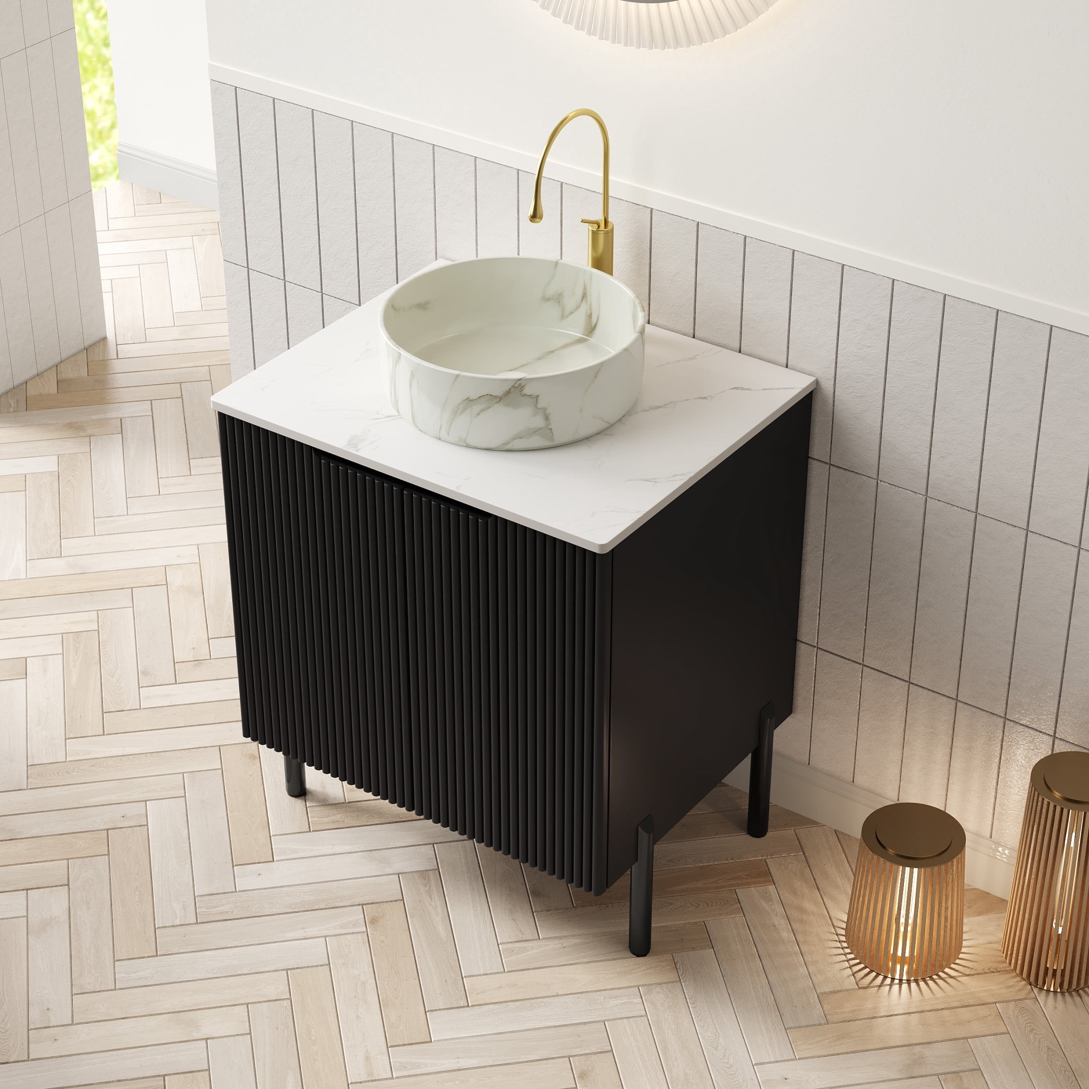 Noble House TURIO 24" Bathroom Vanity with Sintered Stone Countertop, Storage Cabinet, White Stone Basin, Black