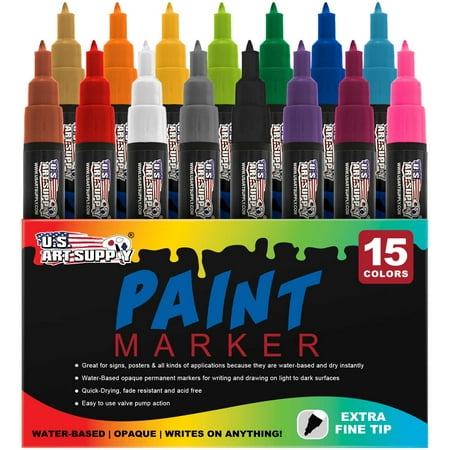 Water Based Premium Paint Pen Markers from U.S. Art Supply - 15 Color Set of Extra Fine Point Tips - Permanent (Best Way To Remove Permanent Marker From Plastic)