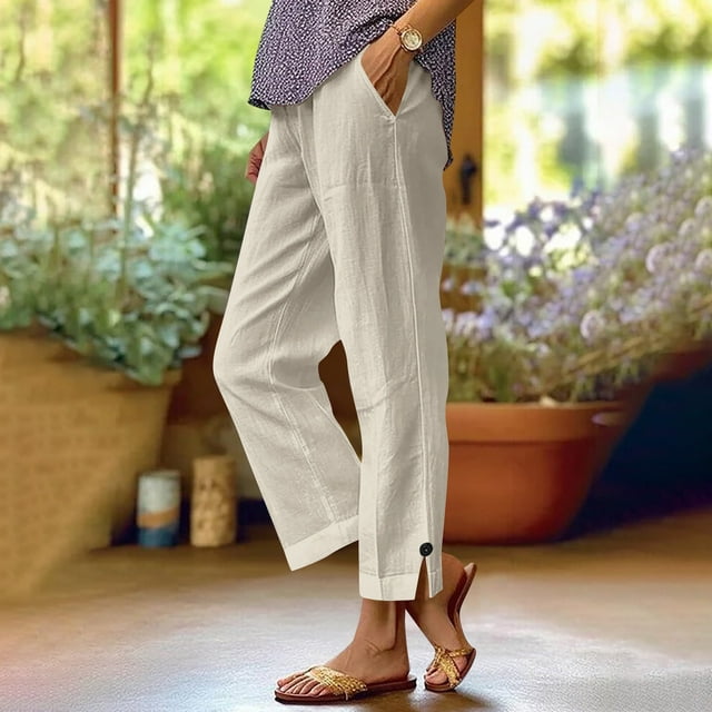 Women's Solid Color Elastic Waist Linen Blend Wide Leg Casual Pants for Spring and Summer