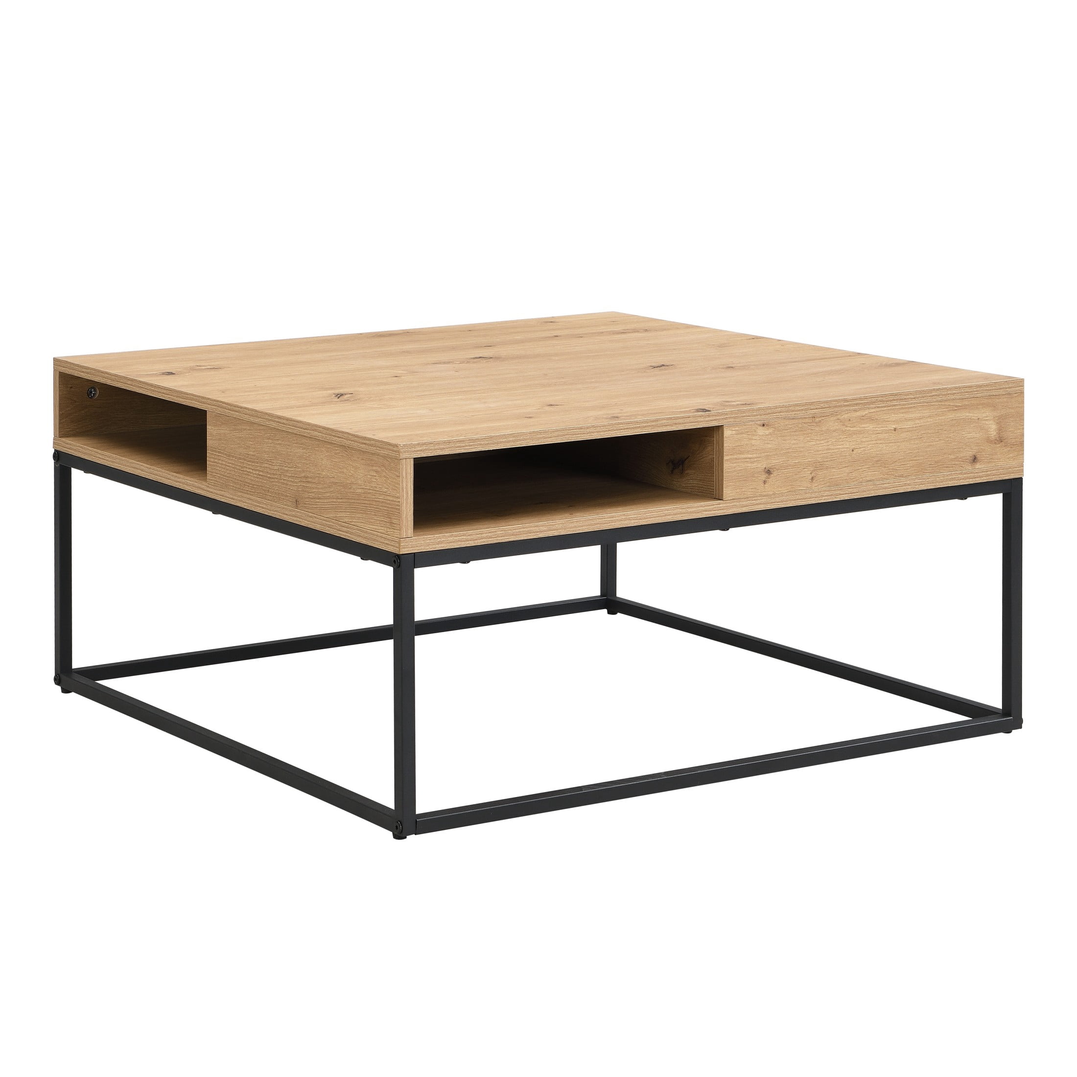 Christopher Knight Home 31.5" Square Coffee Table with Open Storage Shelf and Metal Frame, Black+Oak