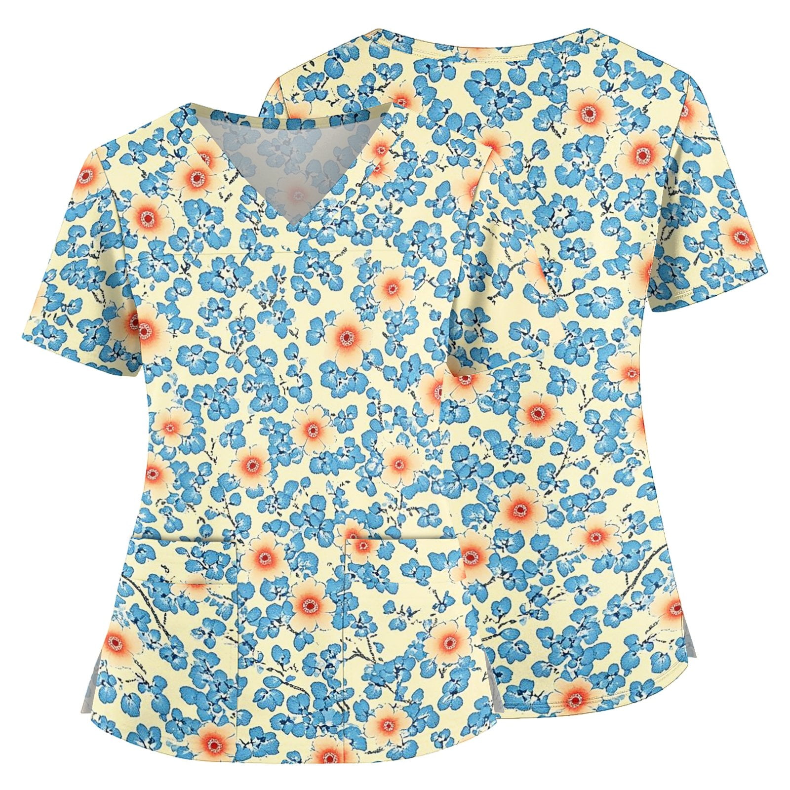 Scrub Tops Women Funny Floral Print Nurse Working Uniforms Fashion V Neck Side Slits Scrub Tops Holiday Short Sleeve Medical Workwear with Pockets Light Blue 3XL