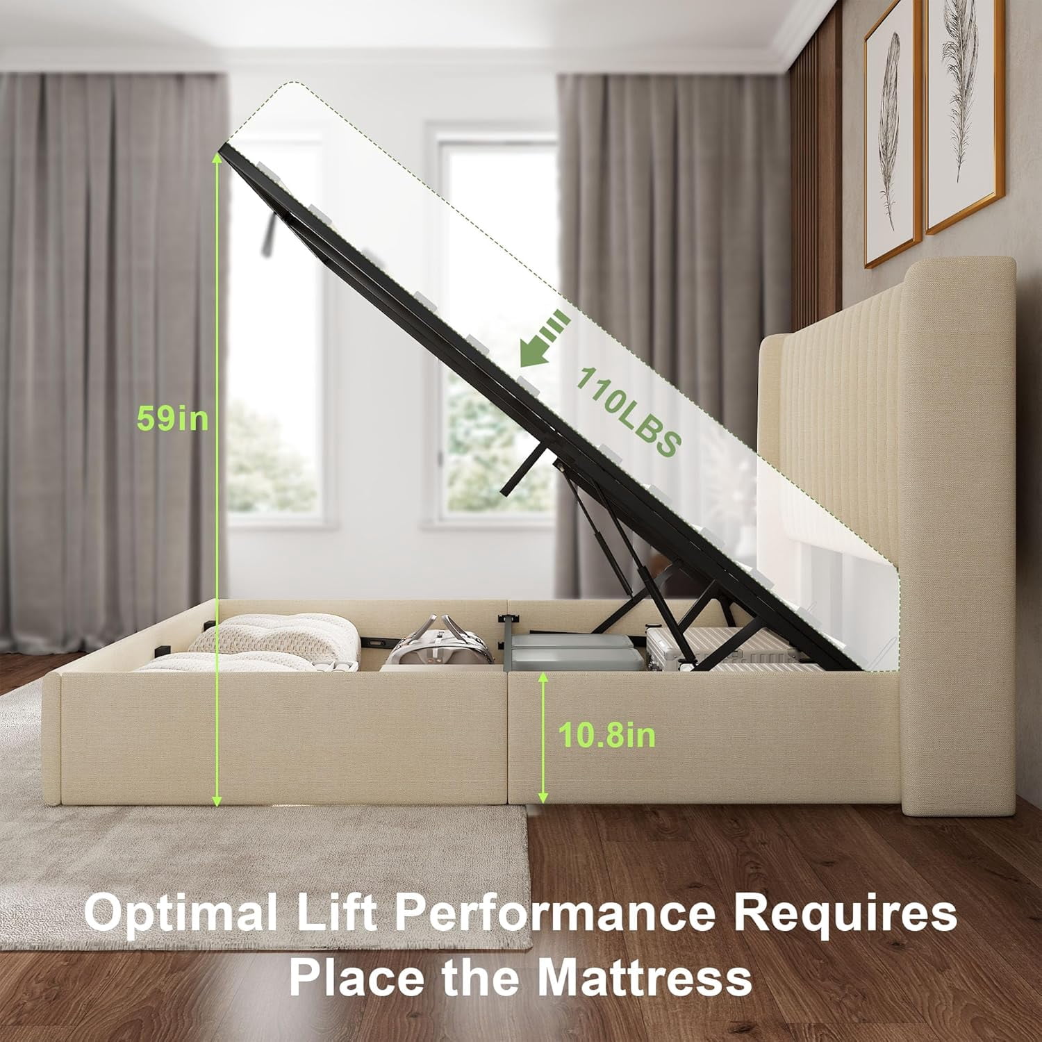 Winkalon Full Size Lift-Up Storage Bed Frame with Modern Wingback Headboard, Linen Upholstered Platform Bed, Hydraulic Gas Lift Support, Underbed Storage, Wooden Slats, No Box Spring Needed, Beige