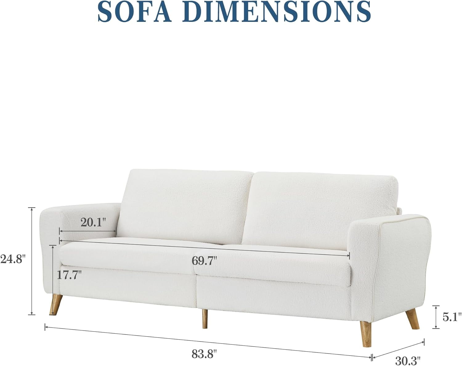 Garvee 84-Inch Bouclé Sofa Couch with Streamlined Armrests and Wood Feet, Modern 3-Seater Loveseat Sofa for Living Room, White
