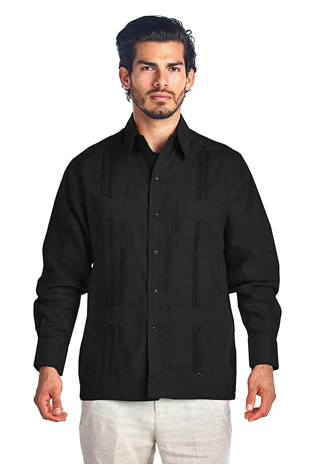 Vkwear Men S Premium Cuban Beach Long Sleeve Button Up Linen Guayabera Dress Shirt Black L Walmart Com Walmart Com