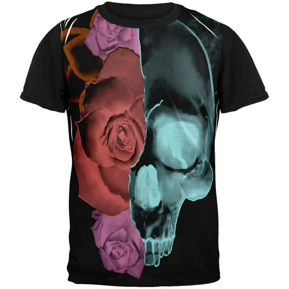 Blooming Flowers Skull XRay Adult Black Back T-Shirt - Large