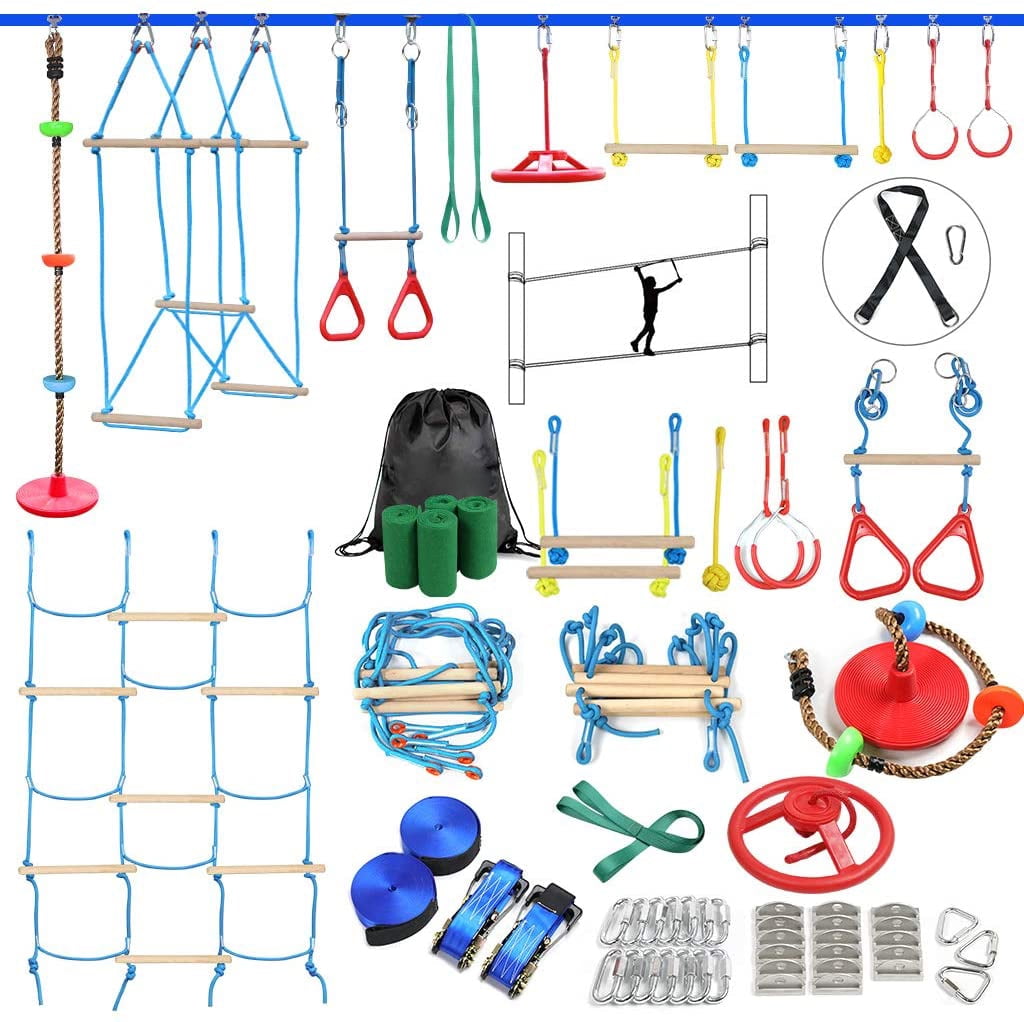 Swing 2X50FT Ninja Slackline with Most Complete Accessories for Kids Ninja Warrior Obstacle Course for Kids Rope Ladder Obstacle Net Plus 1.2M Arm Trainer Dripex Trapeze Swing 