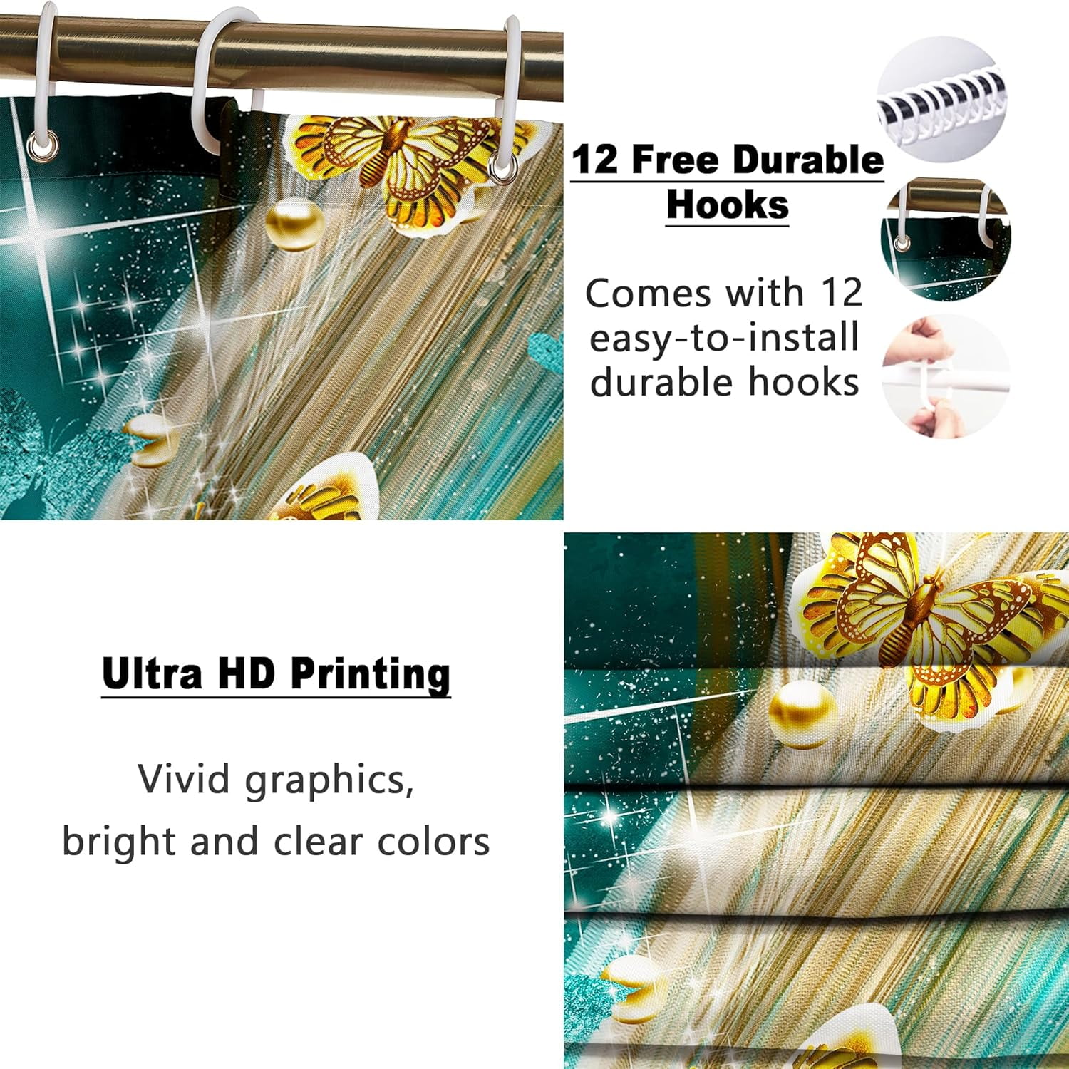 4 Pcs Bathroom Shower Curtain Set,Light Butterfly Bathroom Sets with Rugs(Bath Mat,U Shape and Toilet Lid Cover Mat) and 12 Durable Hooks 71x71in