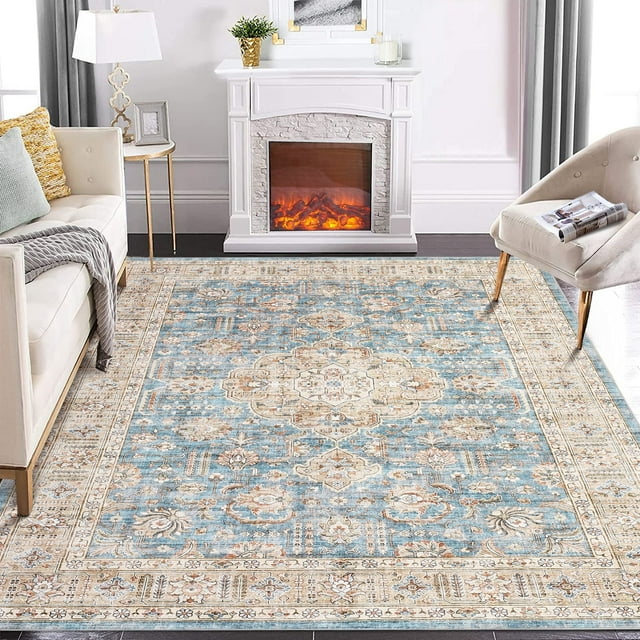 Garvee 8' x 10' Area Rug Vintage Washable Area Rugs Non-Slip Boho Floral Print Rug Persian Distressed Soft Low-Pile Carpet for Dining Room Playroom, Blue