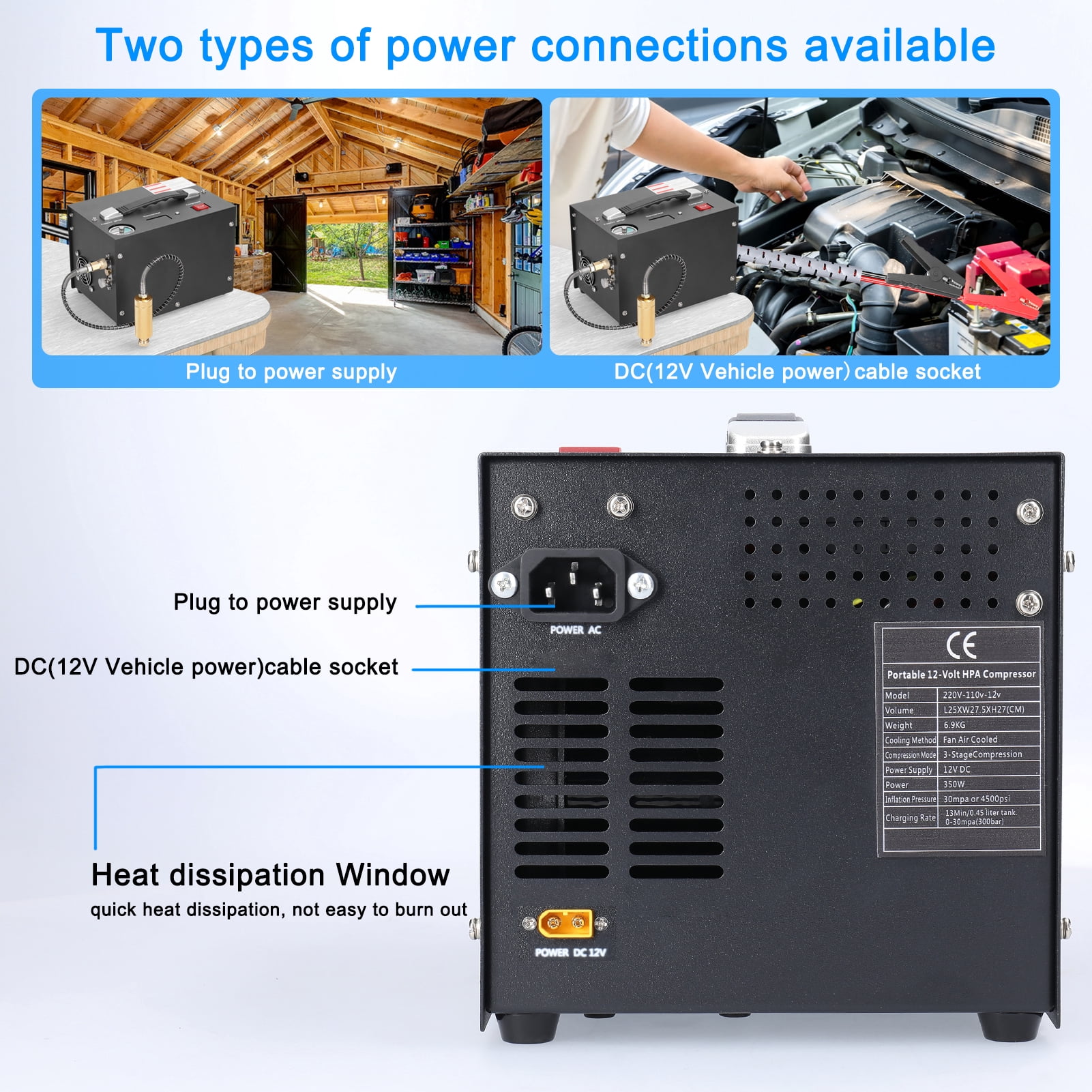 KKmoon Black 12V 4500 PSI 1-Stage Air Compressor 0.5 L