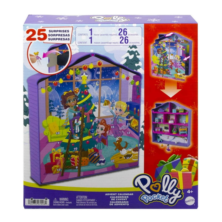 Polly Pocket Advent Calendar, 2 Micro Dolls, Winter Doll House Playset, 25  Surprises, Holiday Theme