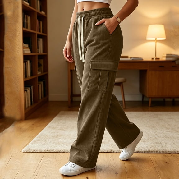 Ovbmpzd Cargo Pants For Women Plus Size Gray Wide Leg Corduroy Baggy Pants Drawstring Wasited Casual Pants,S